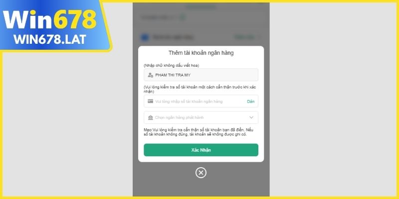 Nhập chính xác thông tin ngân hàng để thực hiện giao dịch trên hệ thống